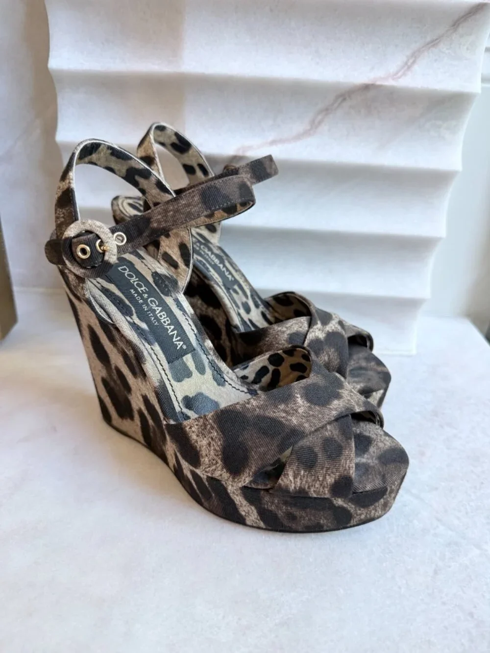 Dolce & Gabbana Leopard Print Canvas Leather Wedge Sandals